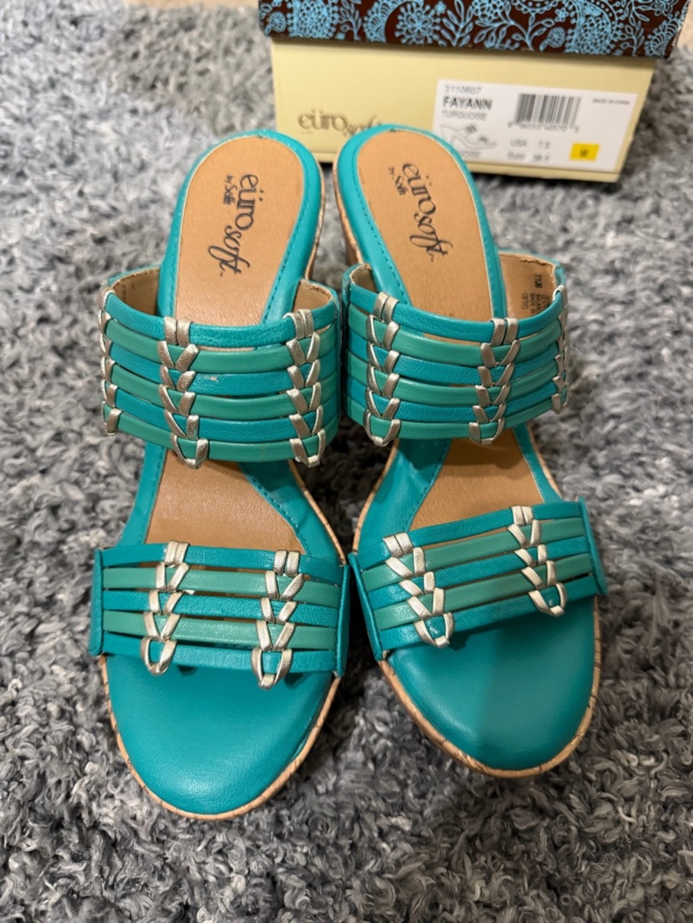 Eurosoft by Sofft LeatherTurquoise with Silver  Accent Platform Sandals Size 7.5